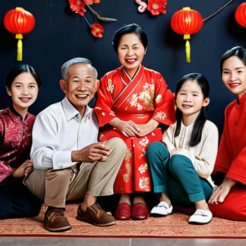 **Biti's Hunter "Đi để trở về" campaign:** *A heartwarming scene of a Vietnamese family reunion during Tết (Lunar New Year), with Biti's Hunter shoes subtly visible. Focus on the emotional connection and traditional values.*