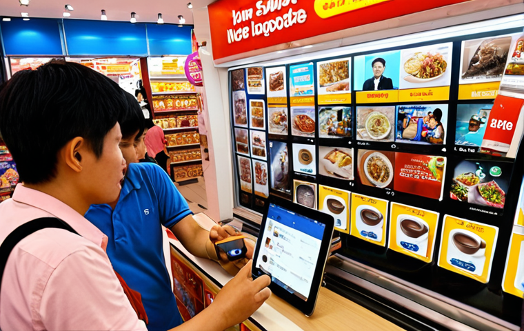 **Image Prompt 1: The Modern Vietnamese Digital Consumer Landscape**
A vibrant, bustling street scene in a modern Vietnamese city (e.g., Ho Chi Minh City or Hanoi) at golden hour. People of diverse ages are absorbed in their smartphones and tablets, with personalized digital ads for local Vietnamese brands (like a popular coffee chain, a fashion retailer, or an electronics store) subtly integrated into their screens. Some individuals are shown scrolling through social media feeds with targeted ads, while others watch unboxing videos or read product reviews. The atmosphere is lively and connected, showcasing the everyday digital engagement and responsive consumer behavior in Vietnam. Photorealistic, bright, engaging, capturing the essence of a digitally-connected urban Vietnamese lifestyle.