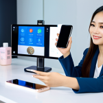 A professional Vietnamese female influencer, fully clothed in a modest, stylish business casual outfit, actively engaging in a live-stream product demonstration for an e-commerce platform. She is holding a contemporary smartphone displaying a live interface, with various beauty products neatly displayed on a modern, brightly lit table. The background features a blurred, dynamic studio setting with digital elements hinting at online sales. safe for work, appropriate content, fully clothed, professional, perfect anatomy, correct proportions, natural pose, well-formed hands, proper finger count, natural body proportions, high quality, studio lighting, detailed, professional photography.