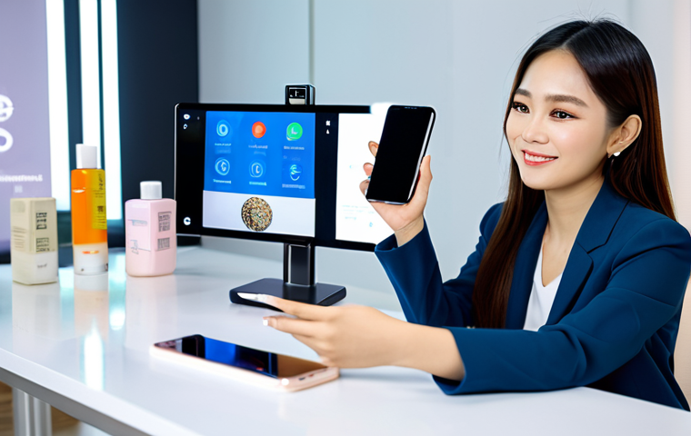 A professional Vietnamese female influencer, fully clothed in a modest, stylish business casual outfit, actively engaging in a live-stream product demonstration for an e-commerce platform. She is holding a contemporary smartphone displaying a live interface, with various beauty products neatly displayed on a modern, brightly lit table. The background features a blurred, dynamic studio setting with digital elements hinting at online sales. safe for work, appropriate content, fully clothed, professional, perfect anatomy, correct proportions, natural pose, well-formed hands, proper finger count, natural body proportions, high quality, studio lighting, detailed, professional photography.