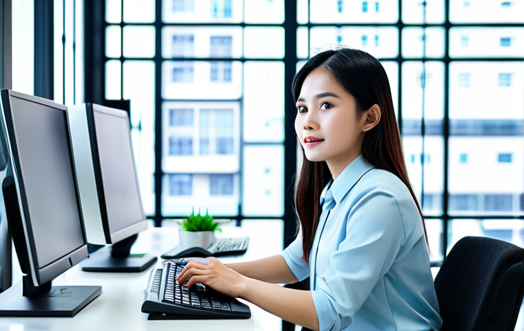 **A young Vietnamese marketer in a modern, bright office, fully clothed in professional attire, working on a computer with data analytics dashboards displayed. Focus on the energetic and engaged expression. Safe for work, appropriate content, professional, perfect anatomy, natural proportions.**