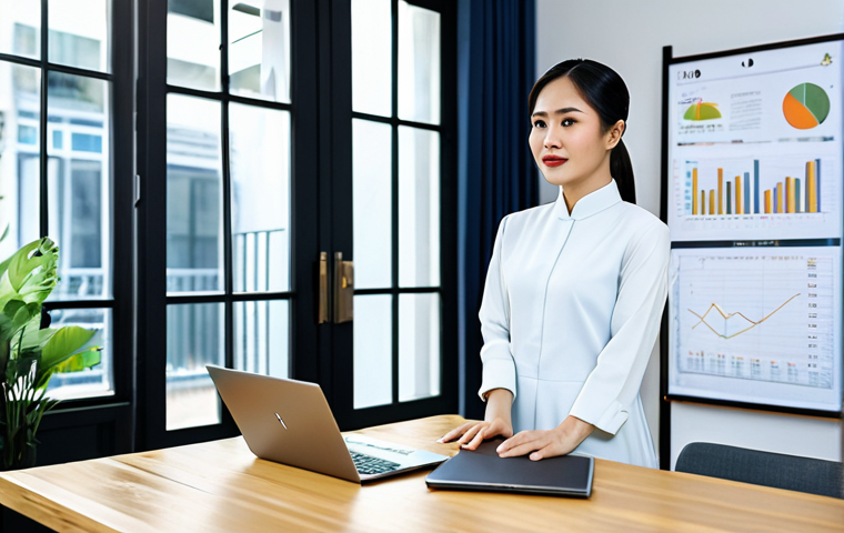 광고홍보사와 비즈니스 중심 디지털 광고 - **
"A Vietnamese entrepreneur in a stylish ao dai, confidently presenting her business plan in a mo...