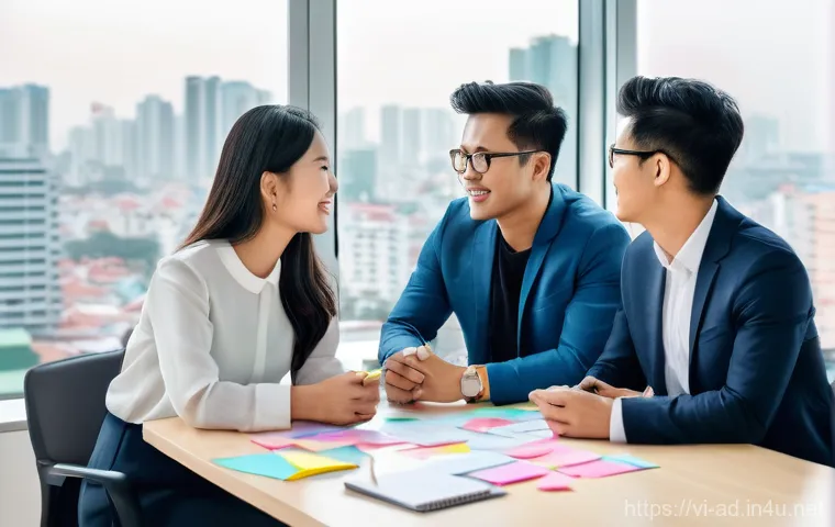 광고홍보사와 브랜드 네이밍 기법 - **Prompt:** A diverse Vietnamese marketing agency team, consisting of 2-3 professionals (one male, t...