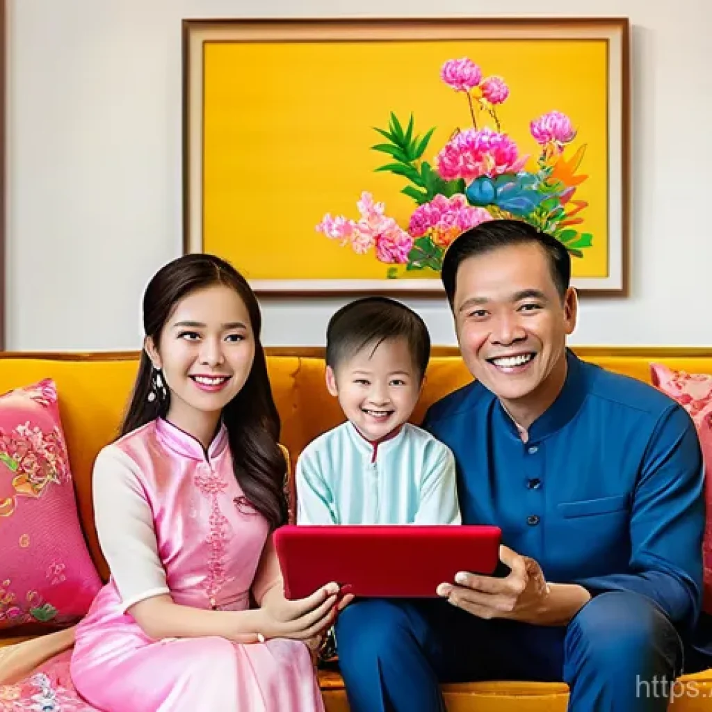 광고홍보사와 마케팅 중심 광고 기획 - A lively and heartwarming scene of a Vietnamese family, including a mother, father, and their two ch...