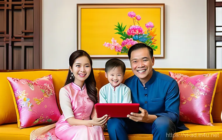 광고홍보사와 마케팅 중심 광고 기획 - A lively and heartwarming scene of a Vietnamese family, including a mother, father, and their two ch...