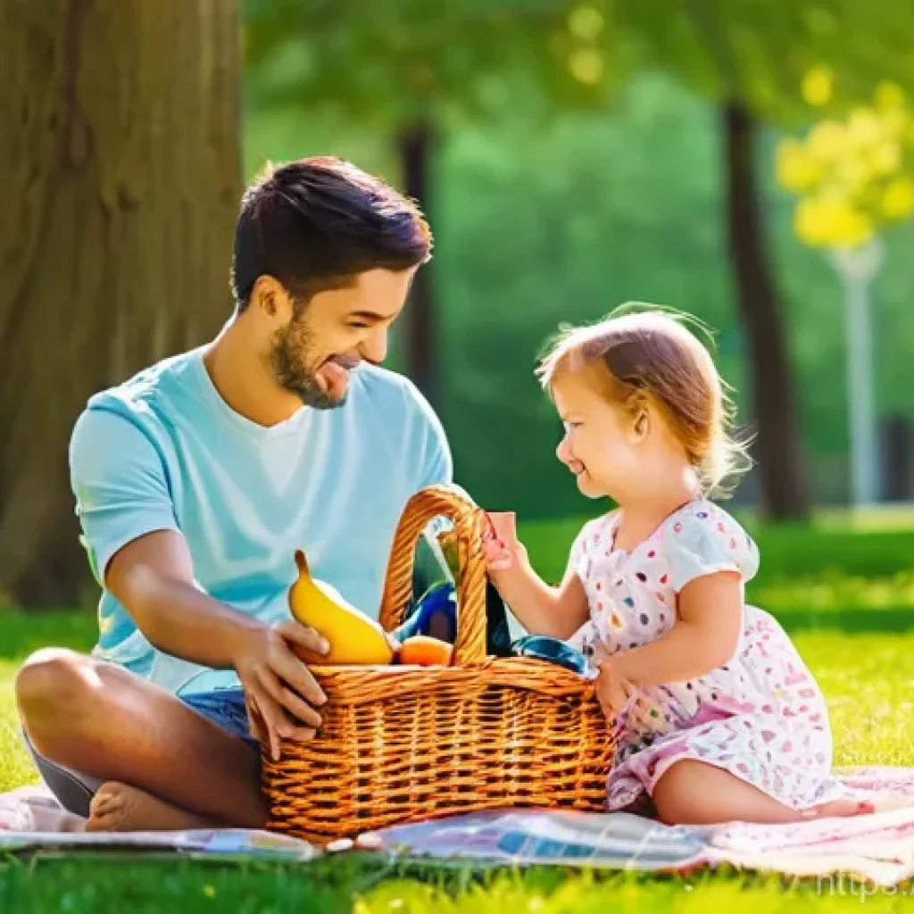 광고홍보사와 크리에이티브 아이디어 - A cozy family picnic in a sun-drenched park. A young couple, dressed in comfortable, modest casual w...