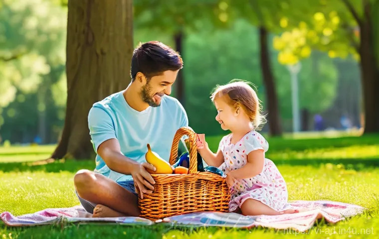 광고홍보사와 크리에이티브 아이디어 - A cozy family picnic in a sun-drenched park. A young couple, dressed in comfortable, modest casual w...