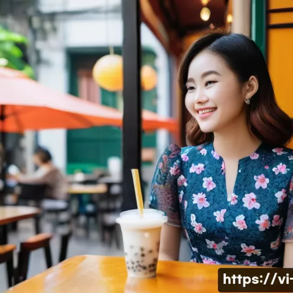 광고홍보사와 감성 중심 디지털 광고 - **Prompt:** A young Vietnamese woman in her early 20s sits at a bustling outdoor coffee shop in Hano...
