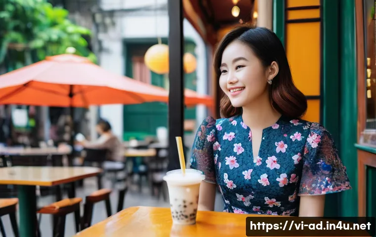 광고홍보사와 감성 중심 디지털 광고 - **Prompt:** A young Vietnamese woman in her early 20s sits at a bustling outdoor coffee shop in Hano...