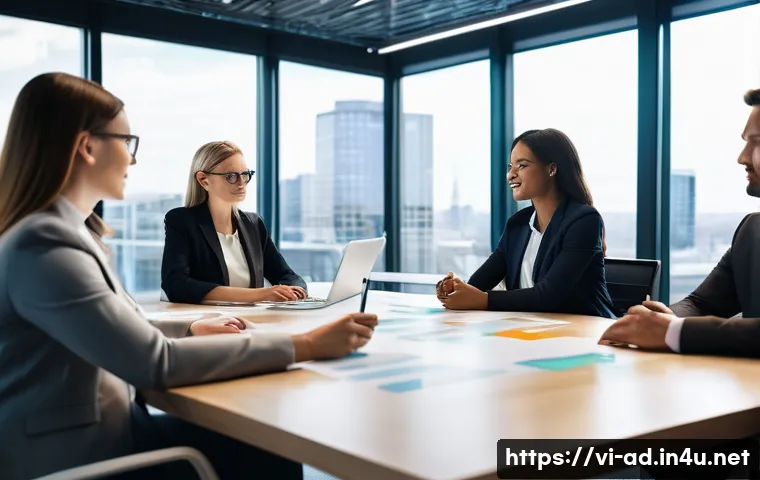 광고홍보사와 효과적인 광고 기획 프로세스 - **Prompt:** A dynamic, wide-angle shot of a diverse team of five business professionals (three women...