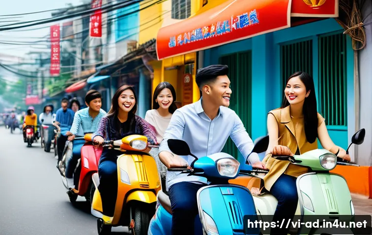 광고홍보사와 크리에이티브 광고 제안서 작성 - A vibrant Vietnamese urban marketing scene featuring a diverse group of young adults engaging with s...
