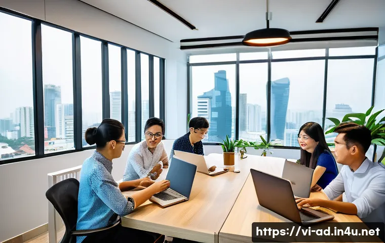 광고홍보사 신입사원 생존기 - A vibrant modern Vietnamese advertising agency office scene in Ho Chi Minh City, featuring a diverse...