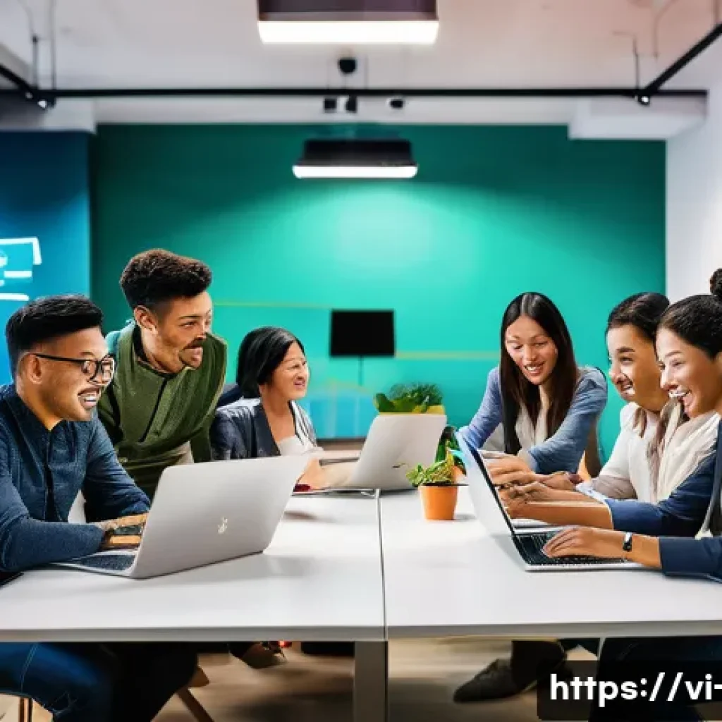 광고홍보사와 스타트업 협업 사례 - A vibrant modern office scene showing a diverse team of startup founders and advertising agency prof...