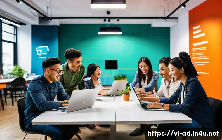 광고홍보사와 스타트업 협업 사례 - A vibrant modern office scene showing a diverse team of startup founders and advertising agency prof...