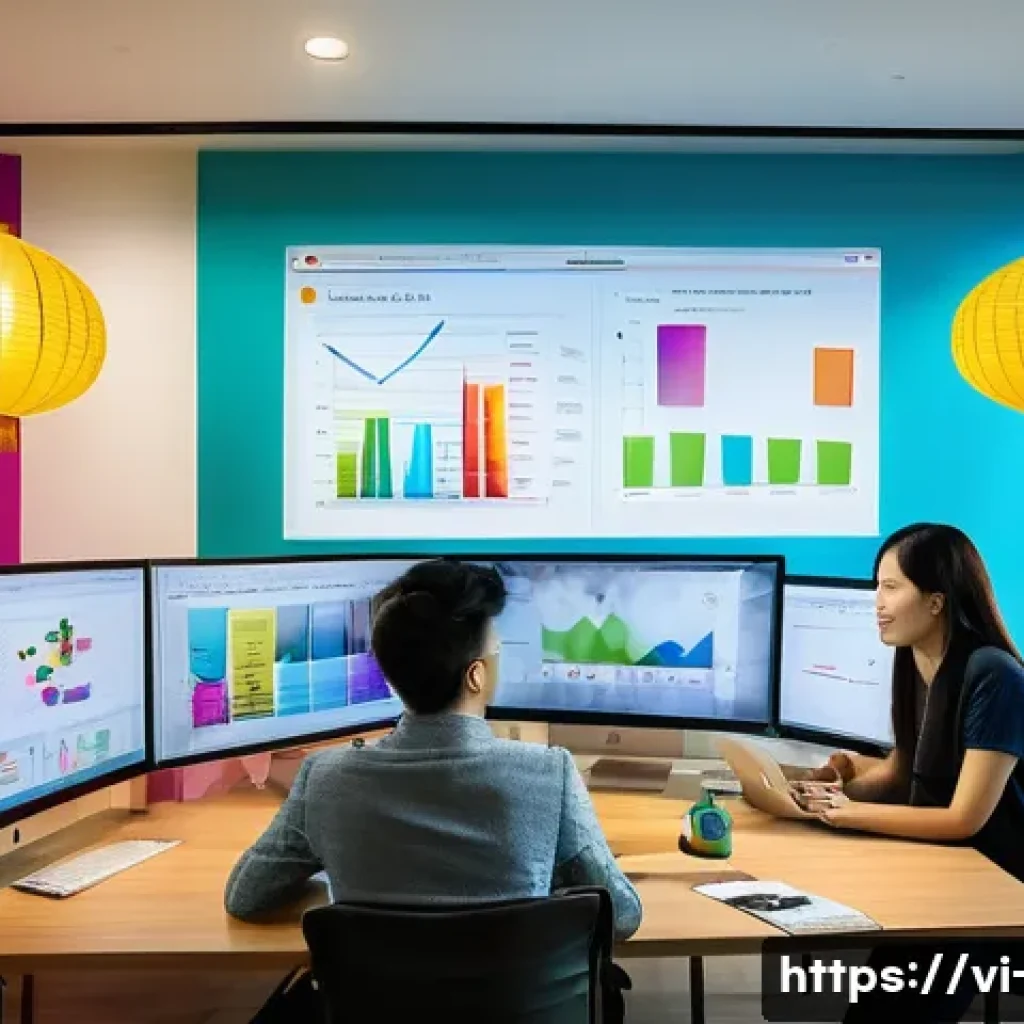 광고홍보사와 전략적 브랜드 광고 - A professional Vietnamese advertising agency office scene showing a diverse team of young marketers ...