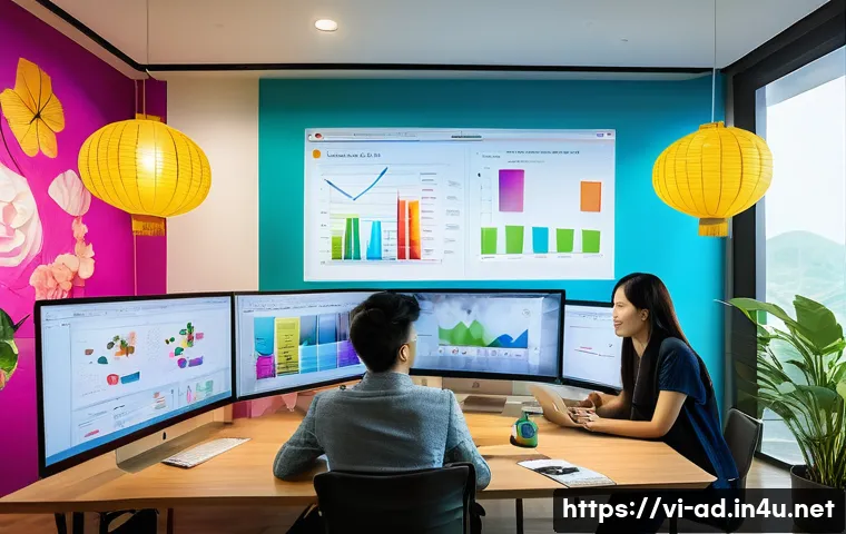 광고홍보사와 전략적 브랜드 광고 - A professional Vietnamese advertising agency office scene showing a diverse team of young marketers ...