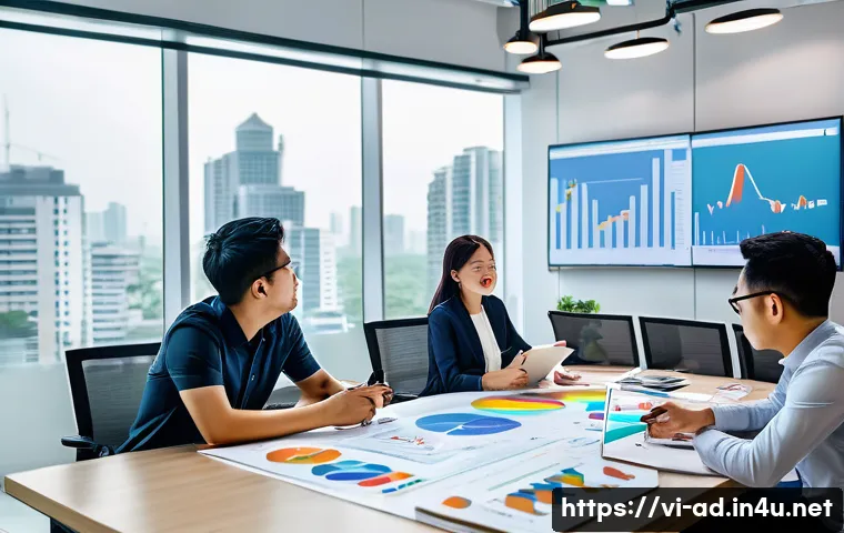 광고홍보사와 광고 전문가 협업 - A vibrant modern office scene in Ho Chi Minh City, showing a diverse team of Vietnamese advertising ...