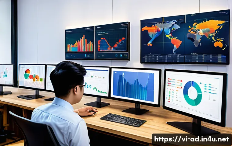 광고홍보사와 광고 데이터 관리 - A modern Vietnamese digital marketing office scene with a diverse team of young professionals analyz...