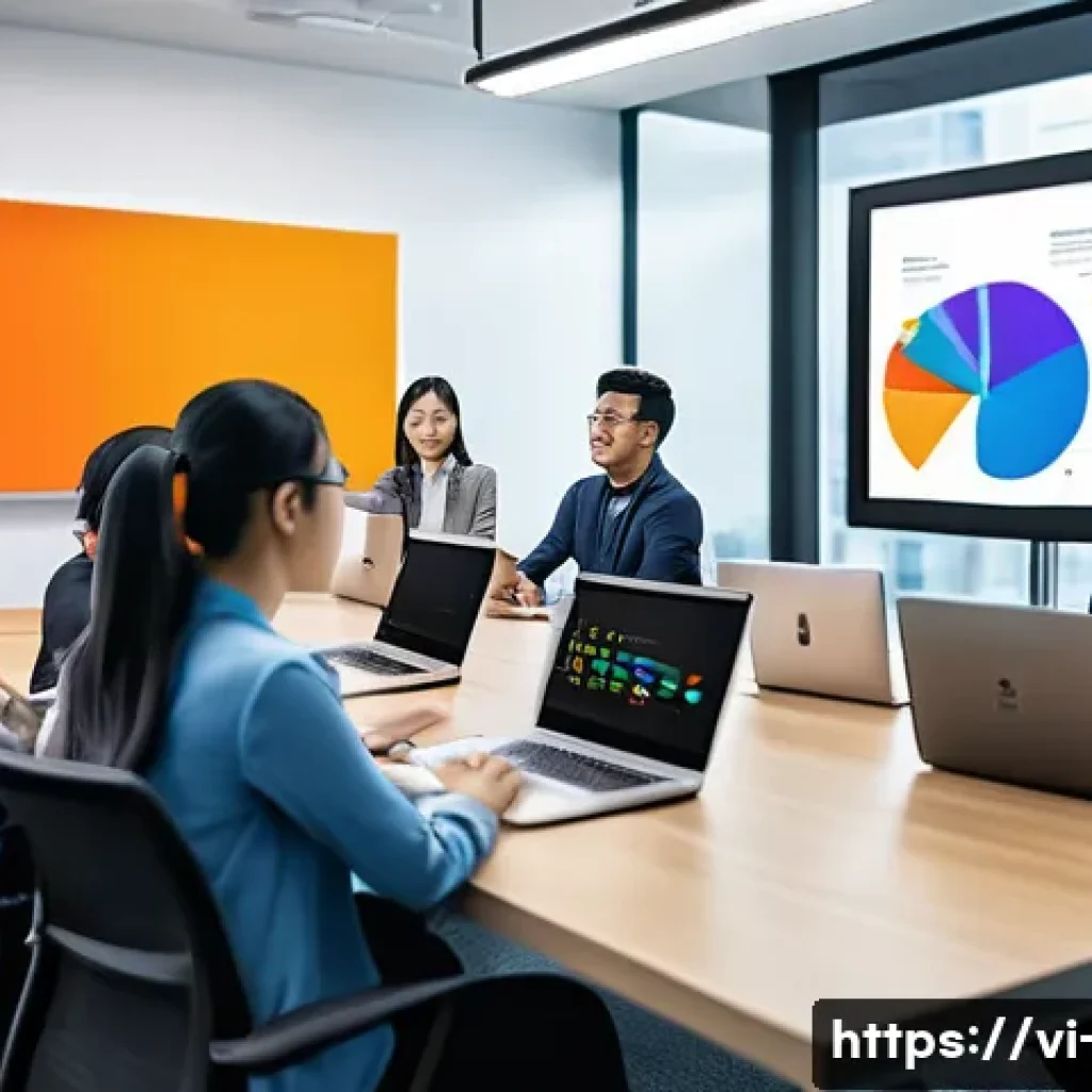 광고홍보사와 고객 신뢰 구축 광고 - A professional Vietnamese advertising team in a modern office setting, actively engaging in a meetin...