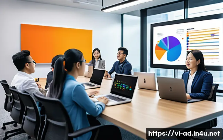 광고홍보사와 고객 신뢰 구축 광고 - A professional Vietnamese advertising team in a modern office setting, actively engaging in a meetin...
