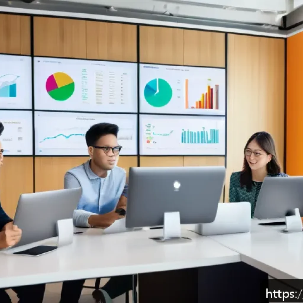 광고홍보사와 통합 광고 전략 - A modern Vietnamese digital marketing office scene showing diverse young professionals analyzing cus...