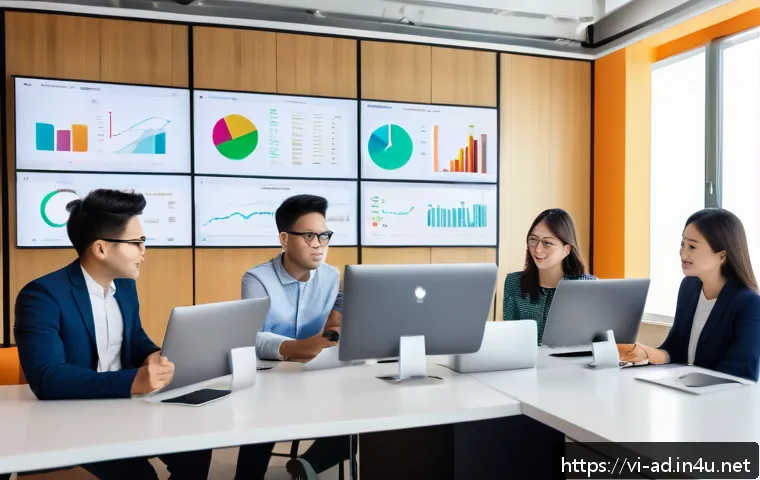 광고홍보사와 통합 광고 전략 - A modern Vietnamese digital marketing office scene showing diverse young professionals analyzing cus...