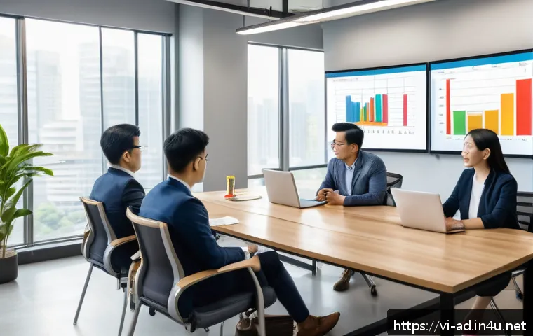 광고홍보사와 효과적인 광고 회의 방법 - A professional meeting room in a modern Vietnamese office setting, with diverse business people dres...