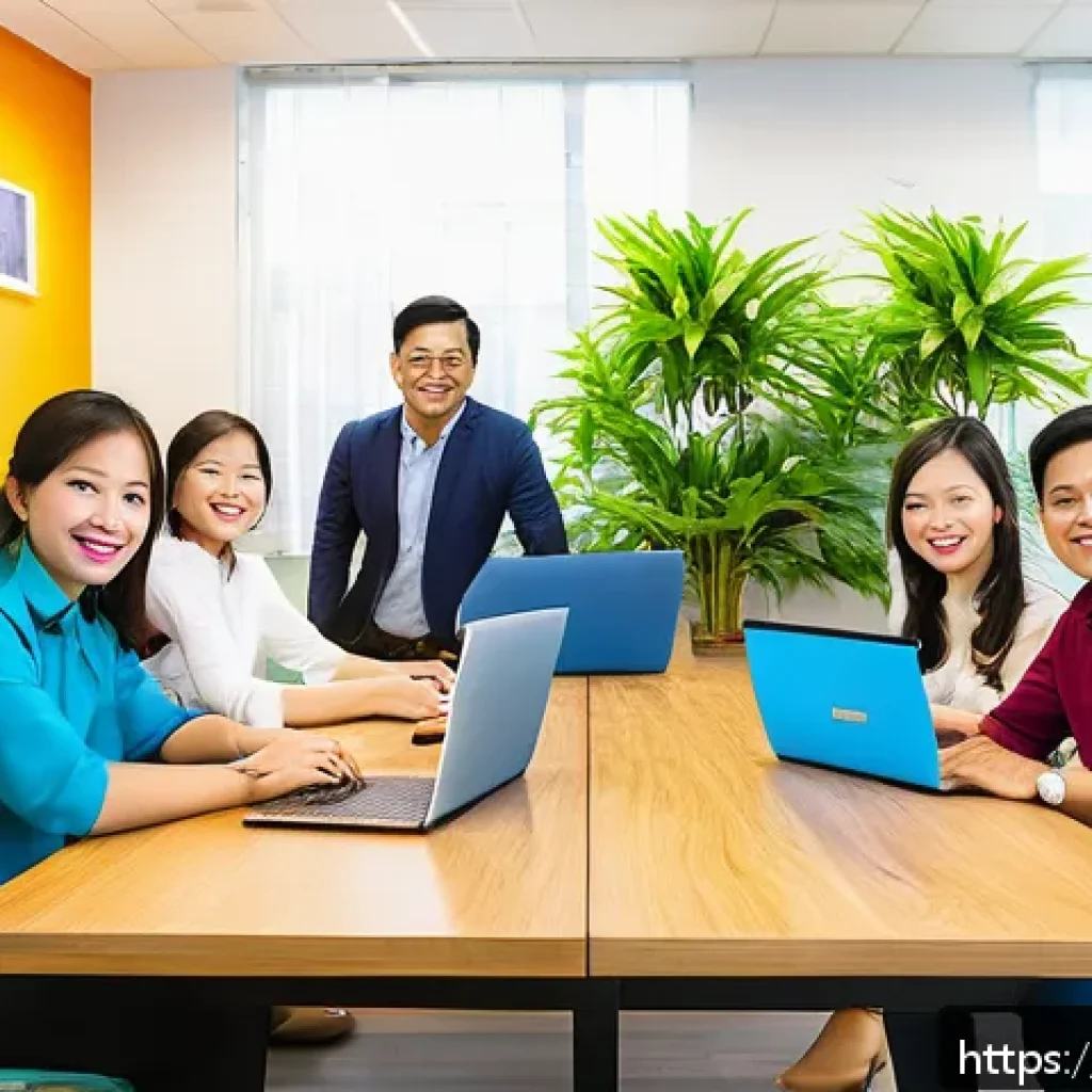 광고홍보사와 팀워크 노하우 - A vibrant and diverse Vietnamese office team engaged in a collaborative meeting, each member showing...