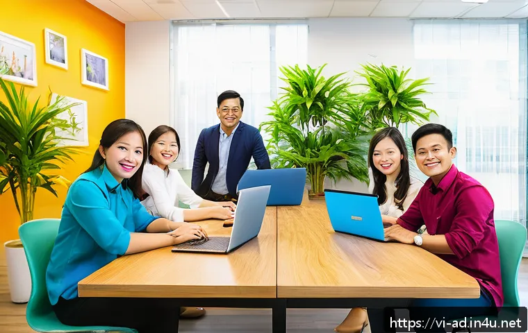 광고홍보사와 팀워크 노하우 - A vibrant and diverse Vietnamese office team engaged in a collaborative meeting, each member showing...