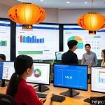 Home 22 광고홍보사와 기업 광고 데이터 분석 - A modern Vietnamese digital marketing office scene, with diverse young professionals analyzing color...