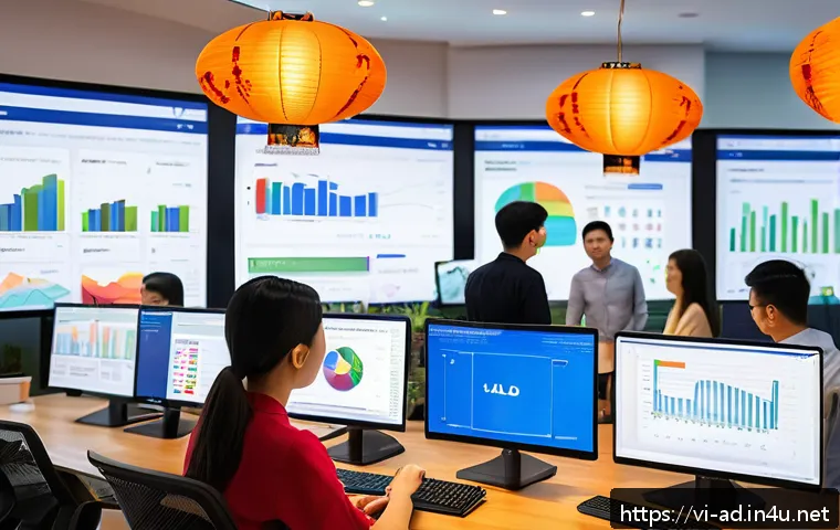 광고홍보사와 기업 광고 데이터 분석 - A modern Vietnamese digital marketing office scene, with diverse young professionals analyzing color...
