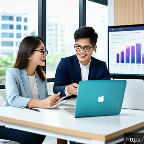 Home 33 광고홍보사와 광고 클라이언트 성공 사례 - A professional Vietnamese marketing team collaborating in a modern office setting, diverse young adu...