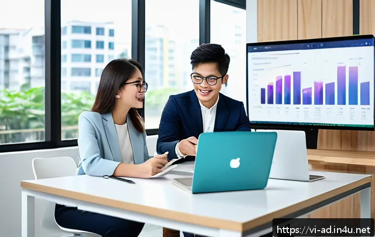 광고홍보사와 광고 클라이언트 성공 사례 - A professional Vietnamese marketing team collaborating in a modern office setting, diverse young adu...