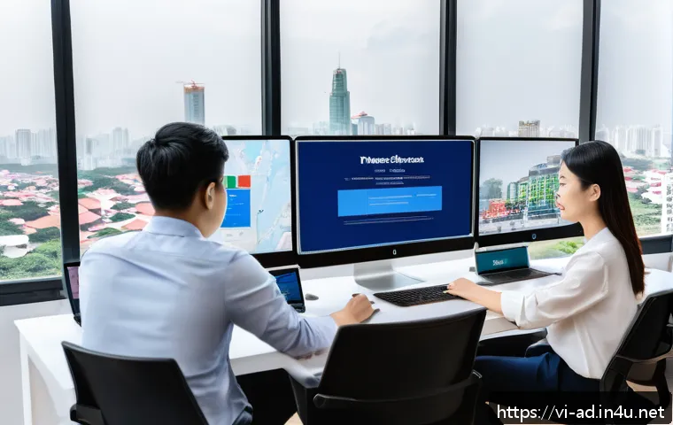 광고홍보사와 크로스 플랫폼 광고 사례 - A modern digital marketing workspace in a Vietnamese office setting, featuring a diverse team of you...