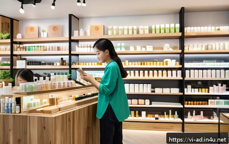 광고홍보사와 소비자 중심 광고 기법 - A modern Vietnamese cosmetics store interior showcasing a vibrant display of natural and organic ski...
