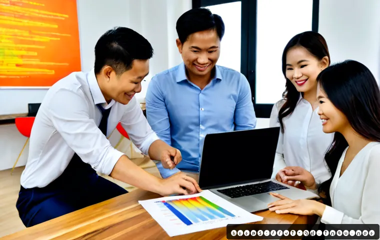 Home 17 광고홍보사와 브랜드 광고 캠페인 성공 사례 - Photorealistic Vietnamese advertising agency team and local brand owners reviewing a successful camp...