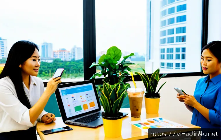Home 30 광고홍보사와 광고 성공 지표 분석 - Photorealistic Vietnamese advertising agency team analyzing campaign success metrics in a bright mod...
